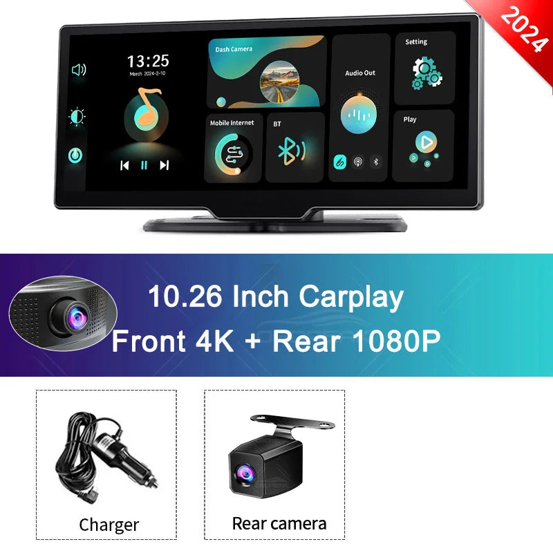 2024 K2 10.26" Dash Cam 4K 2160P Rearview Camera Carplay & Android Auto GPS Navigation with Voice Control Car DVR BT FM Monitor