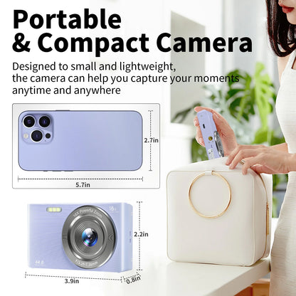 Digital Camera 4K 44MP Kids Camera with 32GB SD Card 2.4 Inch Point and Shoot Camera with 16X Digital Zoom Compact Mini Camera for Students Seniors (Blue）