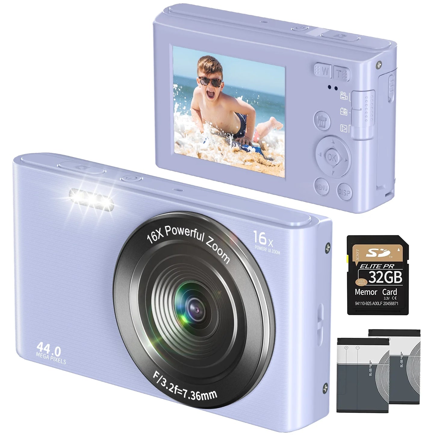 Digital Camera 4K 44MP Kids Camera with 32GB SD Card 2.4 Inch Point and Shoot Camera with 16X Digital Zoom Compact Mini Camera for Students Seniors (Blue）