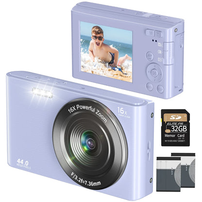 Digital Camera 4K 44MP Kids Camera with 32GB SD Card 2.4 Inch Point and Shoot Camera with 16X Digital Zoom Compact Mini Camera for Students Seniors (Blue）