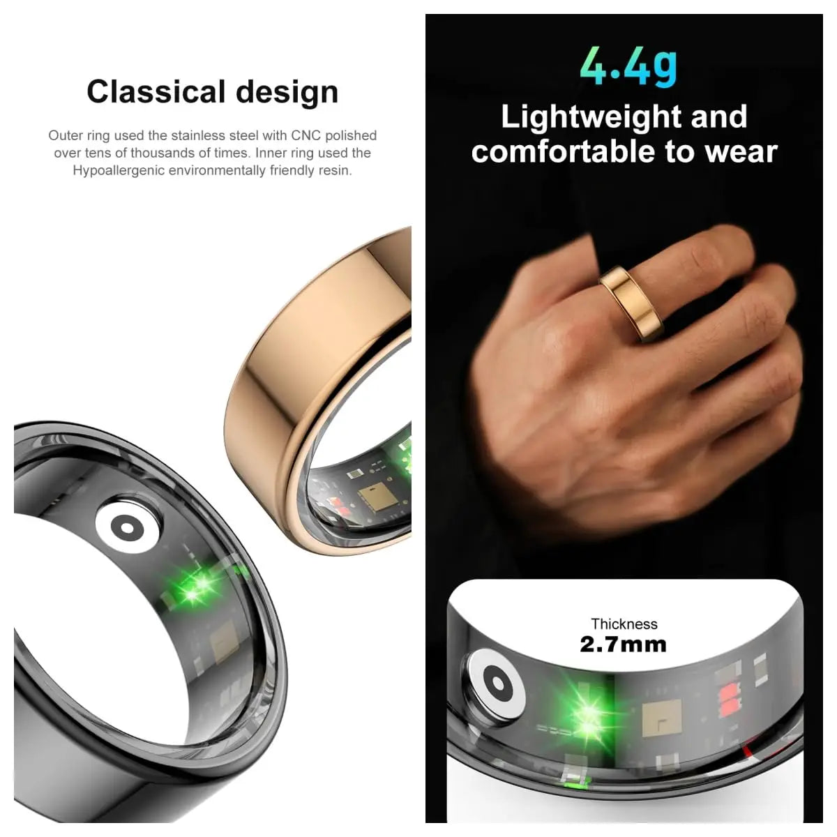 Smart Ring Fitness Heart Rate Tracker Titanium Steel Shell IP68&3ATM Waterproof Multi-Sport Modes Sleep Monitoring Rings