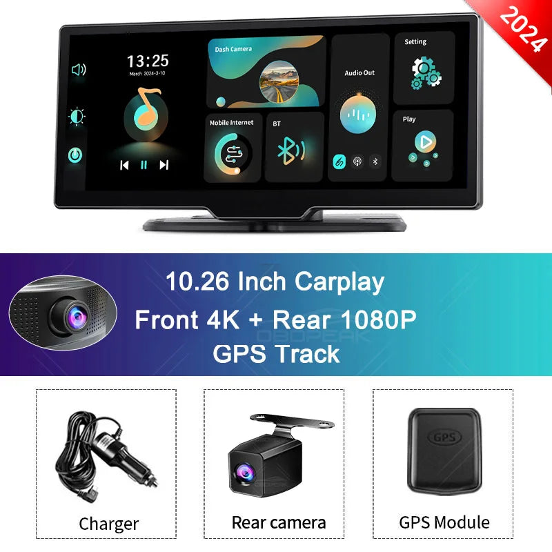 2024 K2 10.26" Dash Cam 4K 2160P Rearview Camera Carplay & Android Auto GPS Navigation with Voice Control Car DVR BT FM Monitor