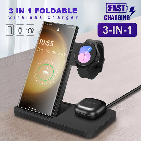 3 in 1 Wireless Charger Stand 15W Charging Station Foldable for Samsung Galaxy S23/S22/S21/S20 Ultra/S10/S9/S8 Plus,Note 20/10, Galaxy Buds, Galaxy Watch 6/5 Pro/5/4/3/Active 2/1, Black